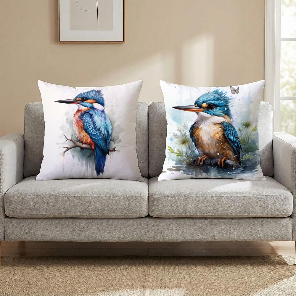 Kingfisher Watercolor Painting Cushion Cover Multi-Scene Pillow Cover for Home & Car - Reversible, Soft & Durable for Daily Use