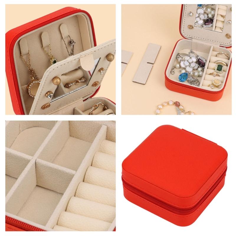 Jewelry Storage Box with Mirror, Compact Travel Case with Ring Rolls, Necklace Hooks and Zip-Around Closure Design