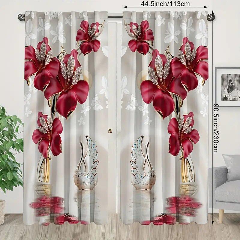 2 Pieces of Flowers Printed Curtains, Pole Bag Curtains 30*65, Bedroom, Living Room, Home Decoration, Room Decoration