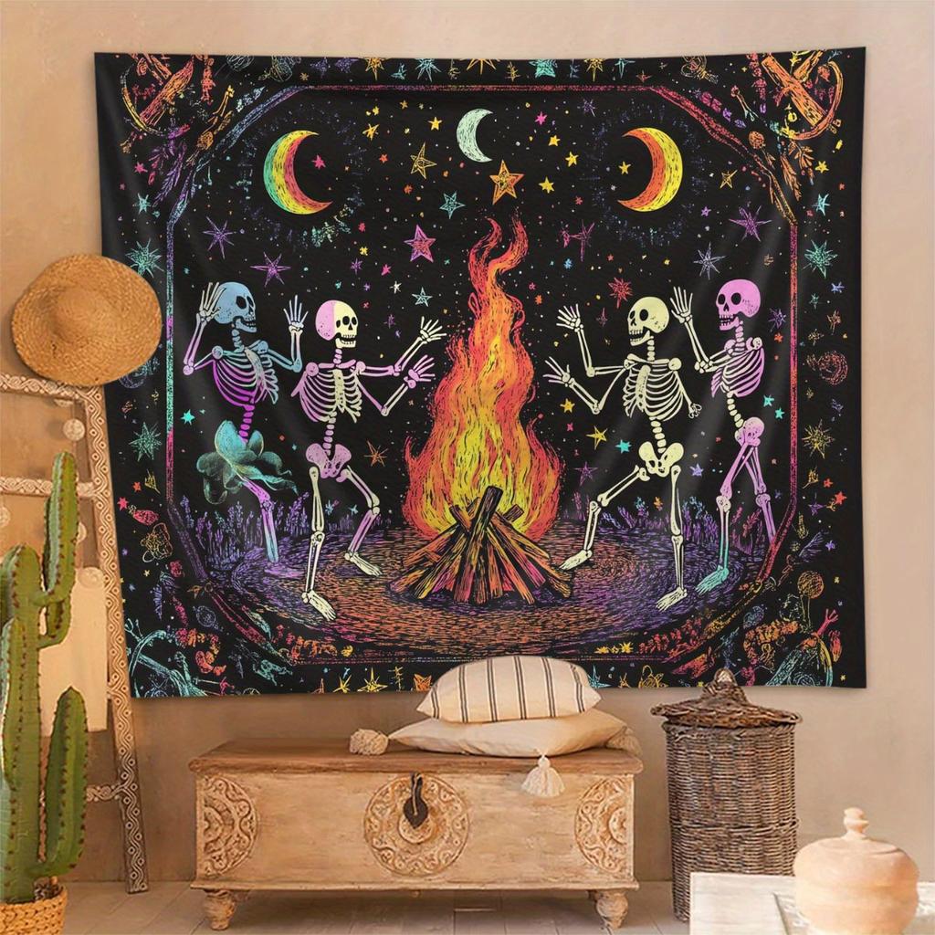 VIKAMA Lagerfeuer Totenkopf Wandteppich Weißer Totenkopf Tänzer Stern und Mond Einzigartig Wohnzimmer Schlafzimmer Akzentwand Raumdekoration