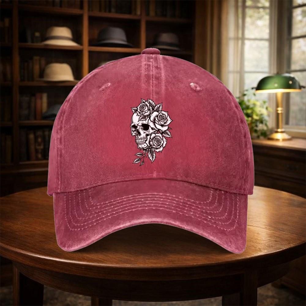 Skull Rose Tattoo Print Baseball Cap Washed Denim Casual Adjustable Hat