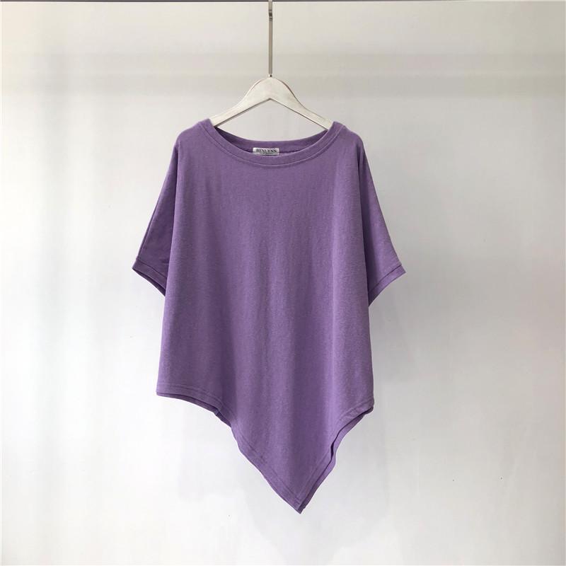 Solid Color Irregular Hem Cotton T-Shirt - Women's Loose Short Sleeve Round Neck Summer Top