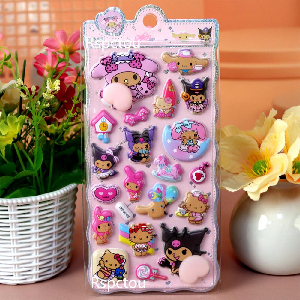 Kawaii Sanrio Happy Buttocks Stickers My Melody Kuromi Soft Pinched Decompression 3D Relief Sticker Cartoon Reward Bubble Decals