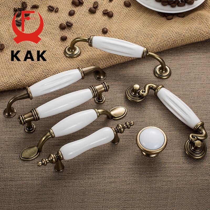 KAK Antique Bronze White Ceramic Cabinet Handles Zinc Alloy Drawer Knobs Wardrobe Door Handle Simple European Furniture Hardware