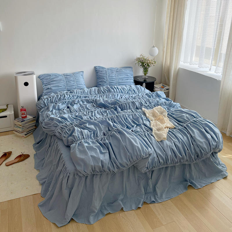 

Ins Style Korean Simple Quilt Cover Design Handmade Bubble Fold Pure Cotton 4-Piece Set Princess Style Bedding Home Textile Bed skirt&1.2m bed