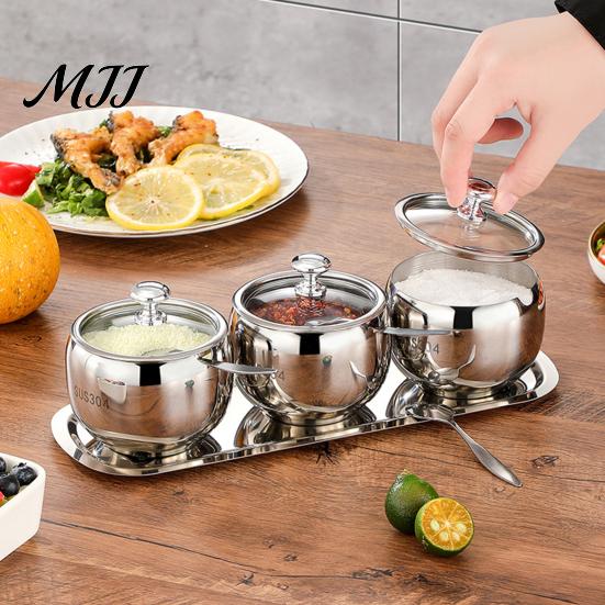 Refillable Condiment Jars 304 Stainless Steel Spice Jar Set, Seasoning Container with Glass Lid & Spoon, Rustproof Kitchen Salt Sugar