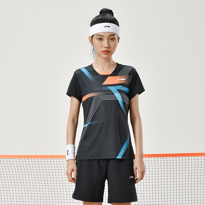 Li Ning Badminton Series Striped Geometric Pattern Crew Neck Straight Cut Short Sleeve T-Shirt Men Tops Black AAYU137-1