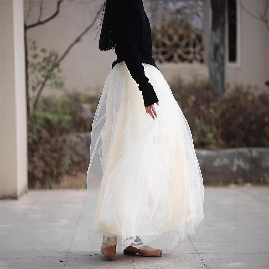 Jacquard Heavy Duty Mesh Midi Skirt: High Waist Large Swing Tulle Skirt