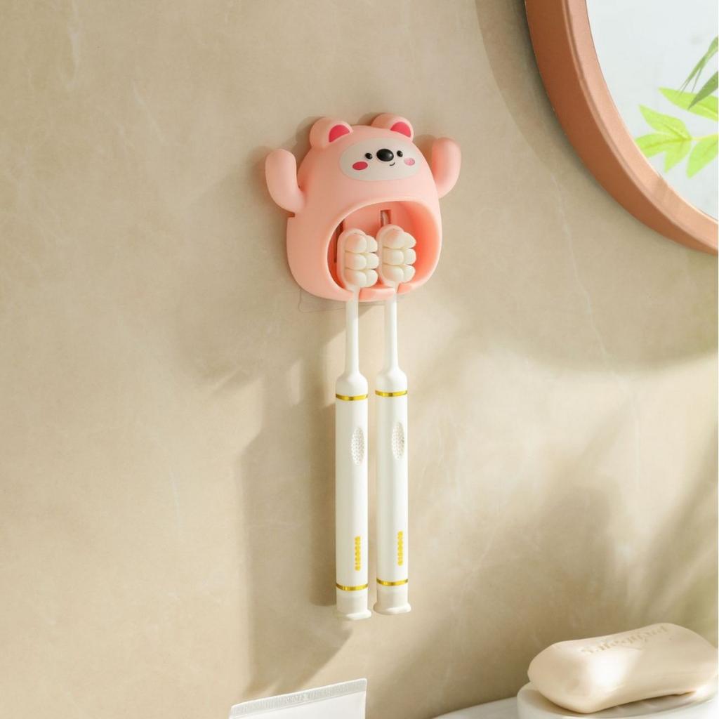 Toothbrush Holder Wall Mounted Non Drilling Cute Bear Design Bathroom Storage Rack Cartoon Style Organizer for Home Use