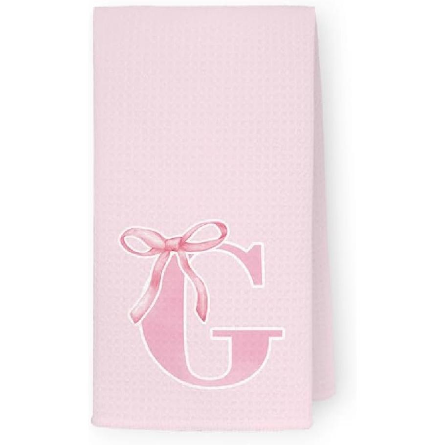 Coquette Pink Bows Personalized Kitchen Towels, Initial K Letter Decor, Pink Monogrammed Hand Towels for Bathroom, Sweet Dish Towels for Kitchen