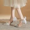 Wedding Shoes Bride Shoes Ribbon Bow Pointed Single Shoes Women's Pearl Chain One-word Strap High Heels Women's New 2025