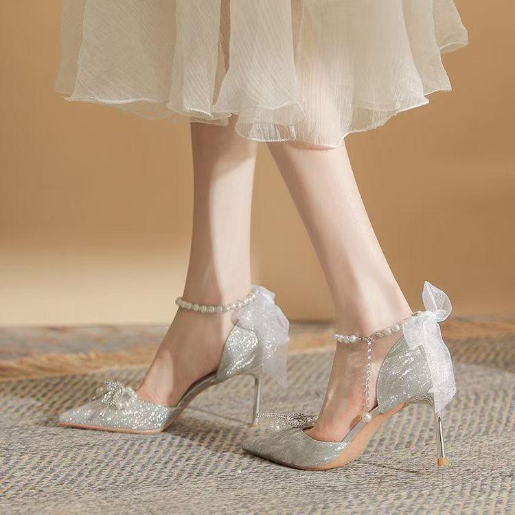 Wedding shoes bride shoes ribbon bow pointed single shoes women's pearl chain one-word strap high heels women's new 2025
