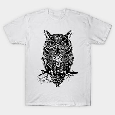 Men Black Print T-shirt Warrior Owl No-Cut Heat Transfer Print Cotton Tshirt