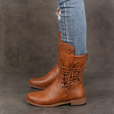 Flat Bottom Medium Boots Women's New Autumn and Winter Knight Boots Martin Boots Rivet Large Size Women's Boots