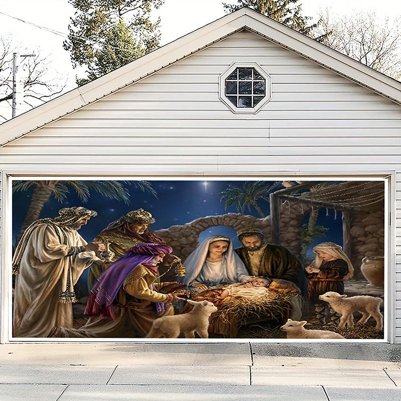 A Nativity scene, religious Christmas pattern, outdoor garage door, Nativity Winter Courtyard door frame