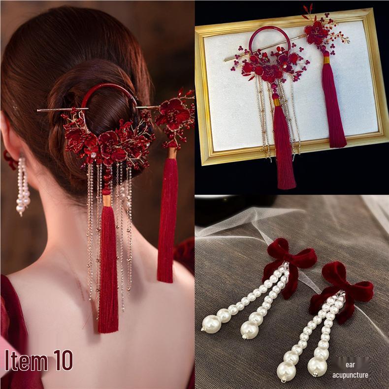 Wine Red Bridal Gown Earring Set with Rhinestone Tassel Headpiece, Flower Hair Clips, and Chinese Toasting Dress Accessories.