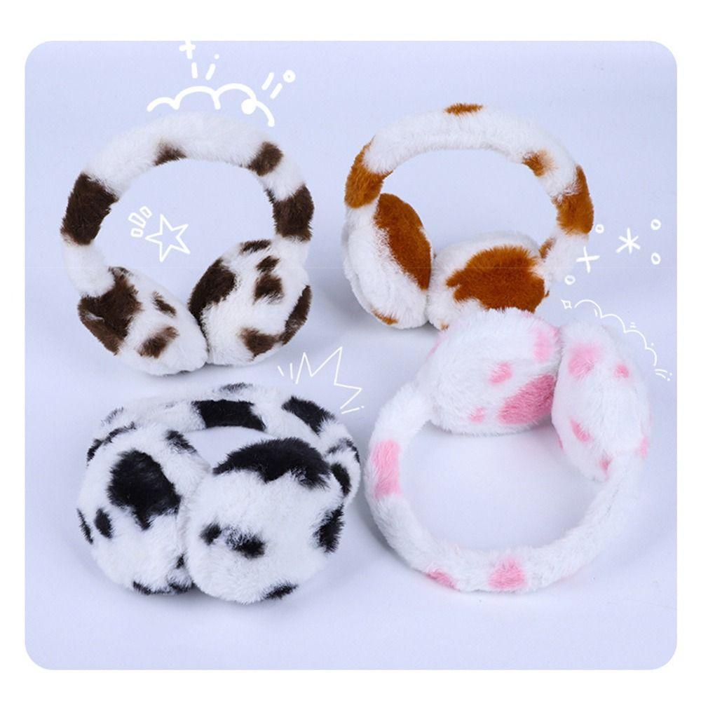 Retractable Plush Earmuffs Cow Print Fluffy Ear Covers Fashion Kids Ear Warmers for Boys Girls
