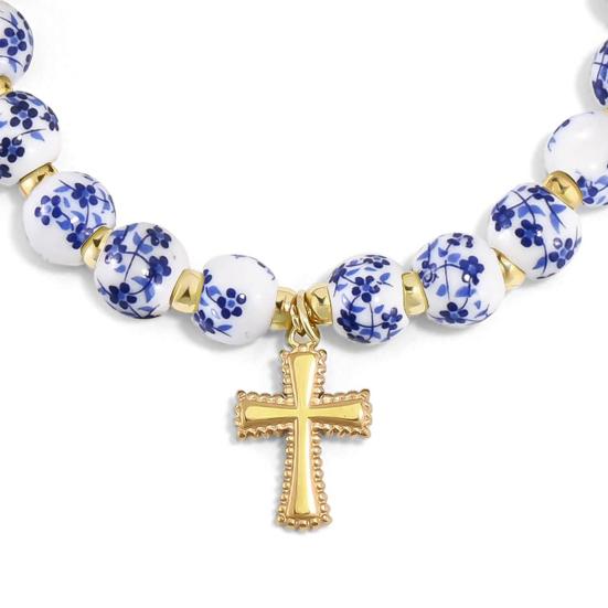 Women Bracelet Blue White Ceramic Beads Decor Elastic Rope Bracelet with Stainless Steel Charm Wristwear Jewelry Accessory