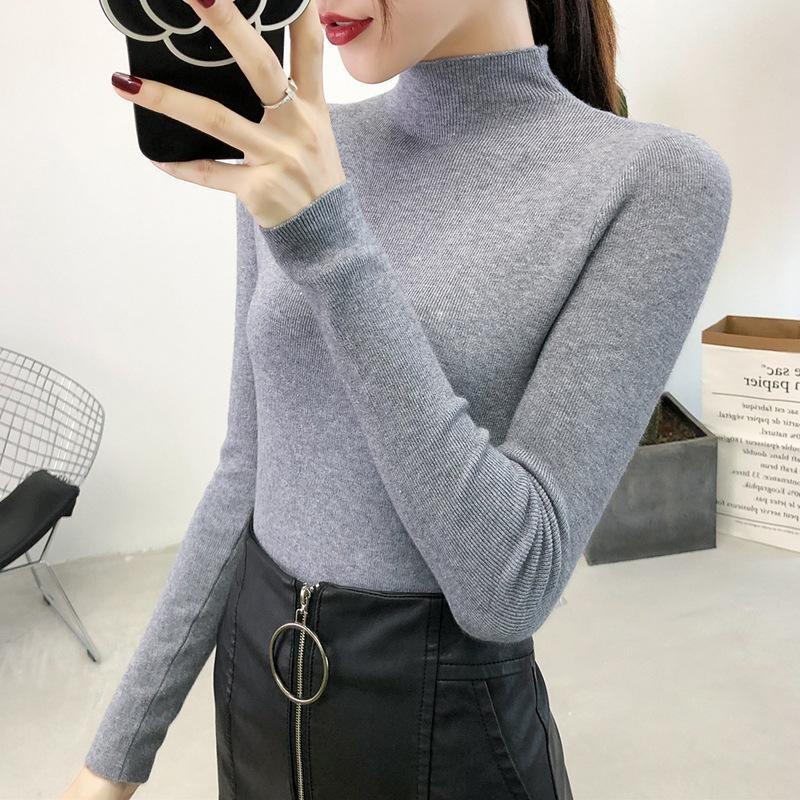 Half Turtleneck Knitted Pullovers Sweaters Women Autumn Winter Primer Shirt Long Sleeve Short Slim-fit Tight Jumper Tops Solid Color One Size