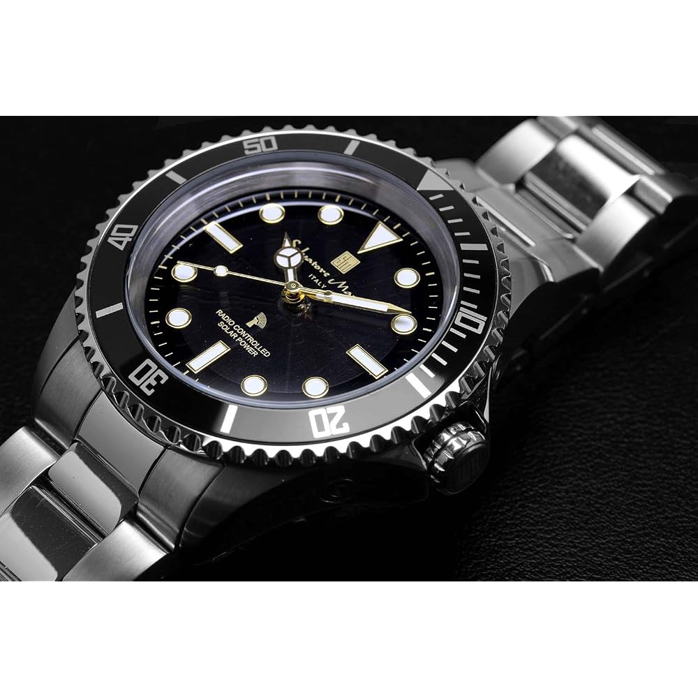 Salvatore Marra Solar Radio-Controlled Watch 10 ATM Waterproof Men's Italian Brand Black Gold SM22110-SSBKGD
