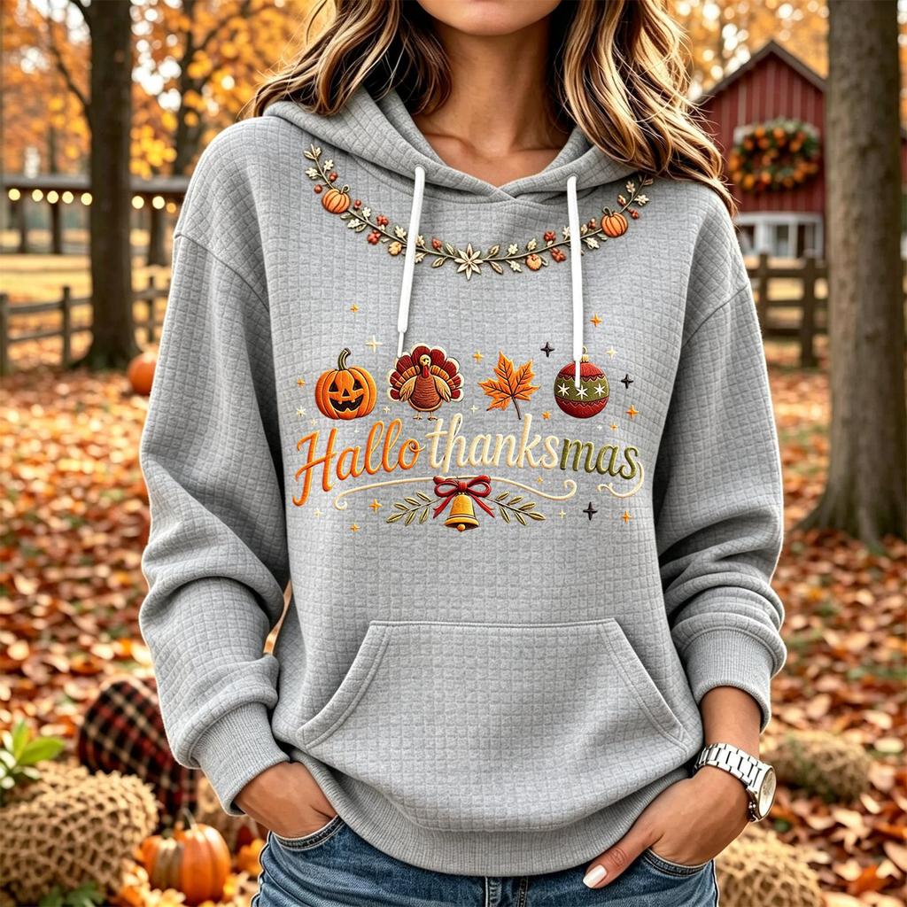 Women's Lightweight Long Sleeve Pullover Hoodie with Pockets, Thanksgiving Christmas Print