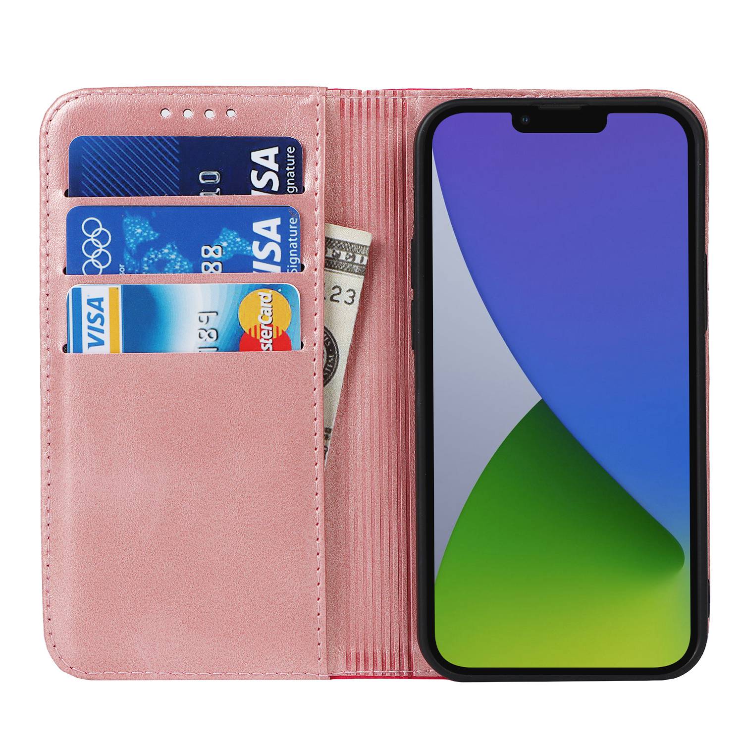 

For iPhone 14 Plus Bi-color Splicing Calf Texture PU Leather Drop-proof Case Magnetic Auto-absorbed Phone Wallet Stand Cover Rose Gold/Rose