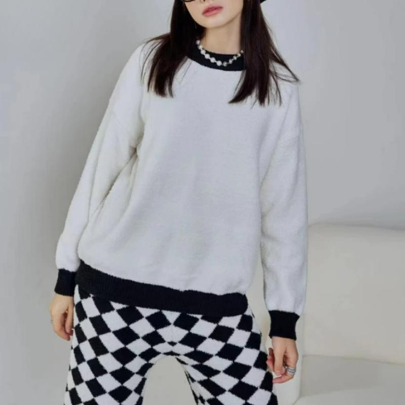 Autumn Winter New Style Home Clothes Suit Simple Black and White Plaid and Blue and White Plaid Soft Pajamas Suit for Outer Wear