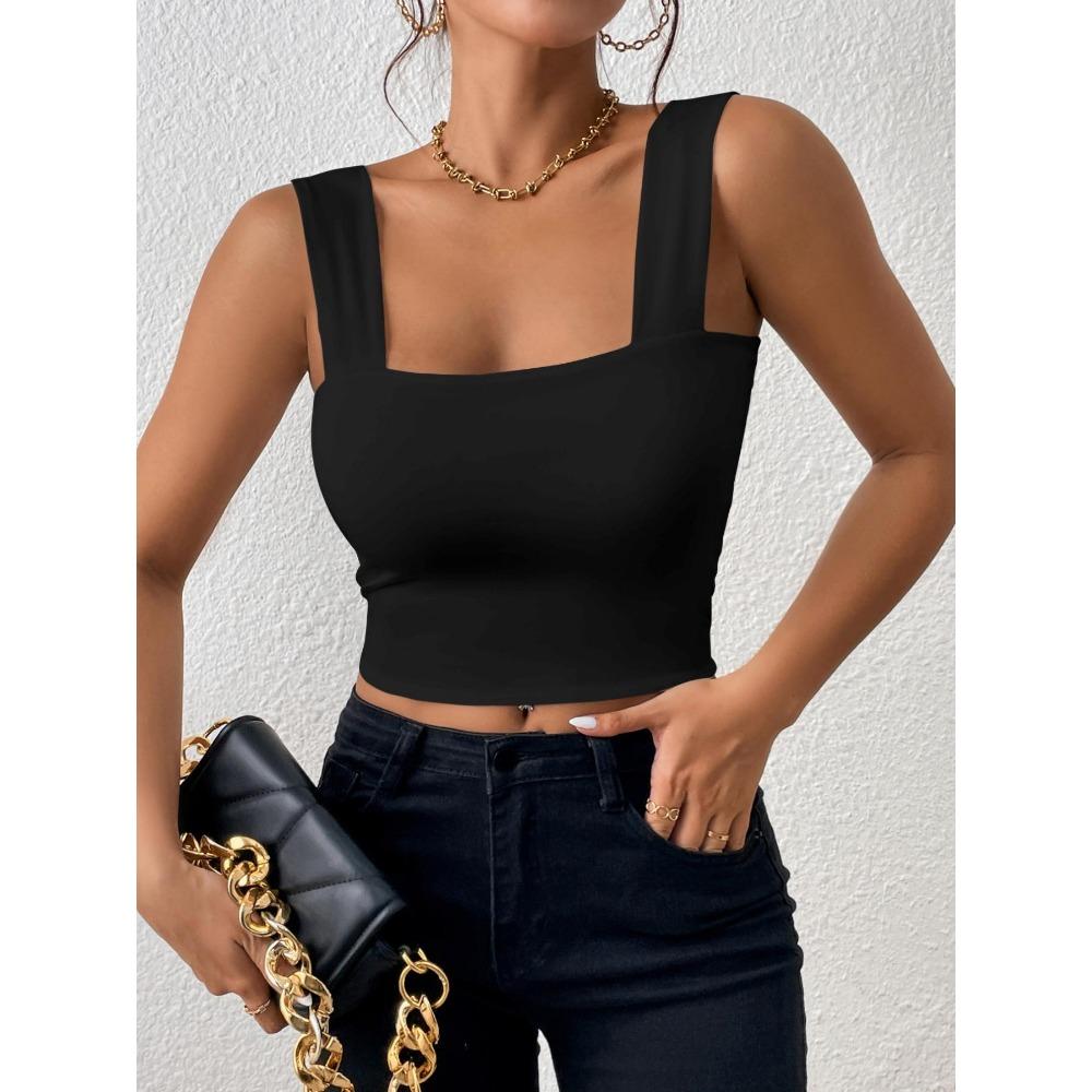 Čtvercový výstřih Tílko Široká ramínka Crop Tops Ženy Léto Košilka Jednobarevná Košilka Módní tubus Dámská zkrácená vesta bez rukávů Y2K Oblečení