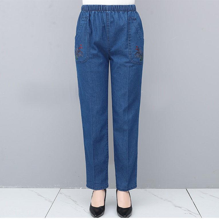 Middle-aged and Elderly Jeans Spring Straight High Waist Elastic Loose Jeans Women