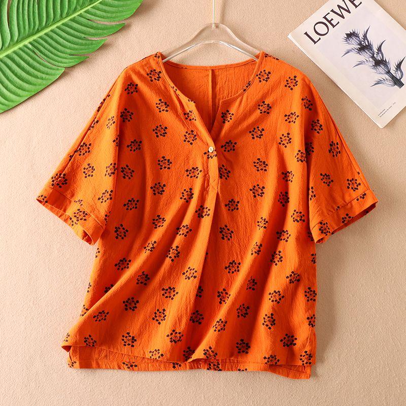 

Дышащая Освежающая Модный Принт Летняя Легче всего сочетать Артистичная Хлопково-льняная Рубашка Женская Пуловер V-образный вырез Рубашка с рукавом до локтя Wa80 Caramel L