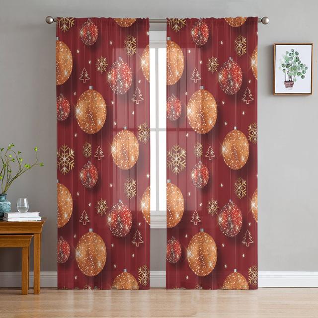 Weihnachtsbogen-Kugel-Weihnachtsbaum-Tüllvorhänge für die Wohnzimmerdekoration, moderne Chiffon-durchsichtige Voile-Weihnachtsvorhänge