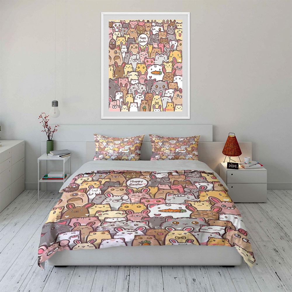 Cute Easter Bunny and Cat Print Bedding Duvet Cover Set  (1*Duvet Cover 2*Pillowcases, without duvet insert)