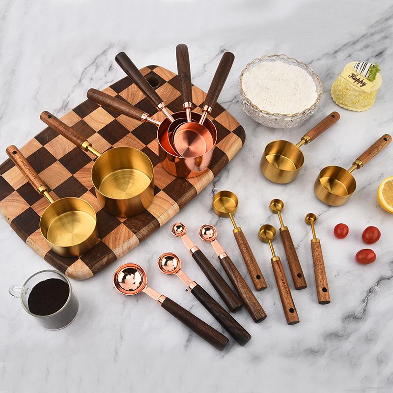 8-Piece Stainless Steel Measuring Cups & Spoons with Walnut Wood Handles & Rose Gold Finish