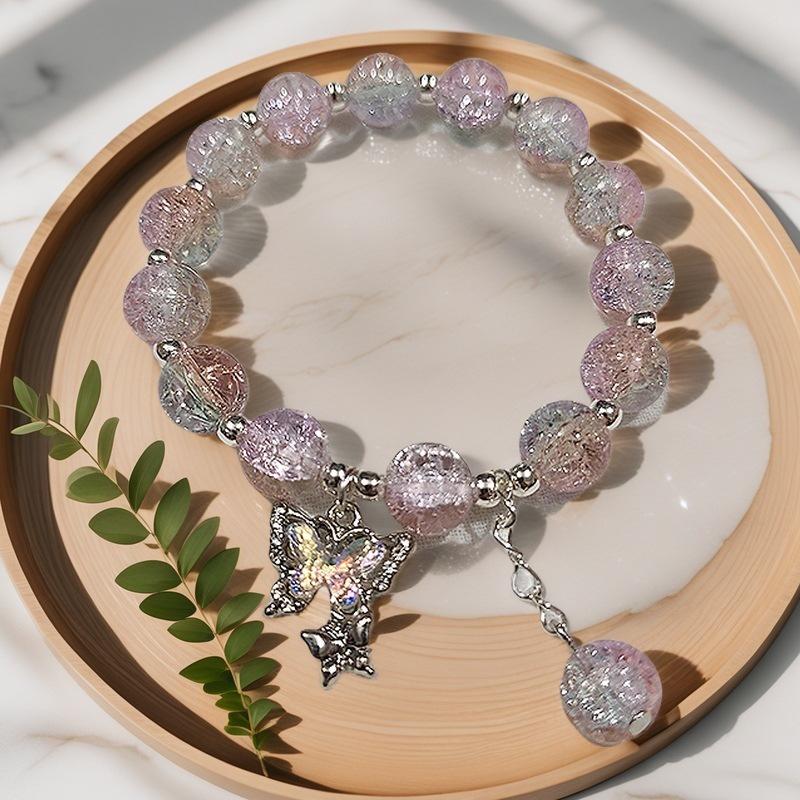 Braccialetto in Vetro Fiore Esplosione Fantasy da 10 mm: Ciondolo Farfalla Colore Degradé Design di Nicchia per Donne e Migliori Amiche.