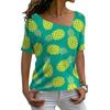 Ladies Fashion Casual Loose Pullovers Tee Shirts Summer 3d Pineapple Printed Women's Short Sleeves V-Neck Diagonal Collar Tops
