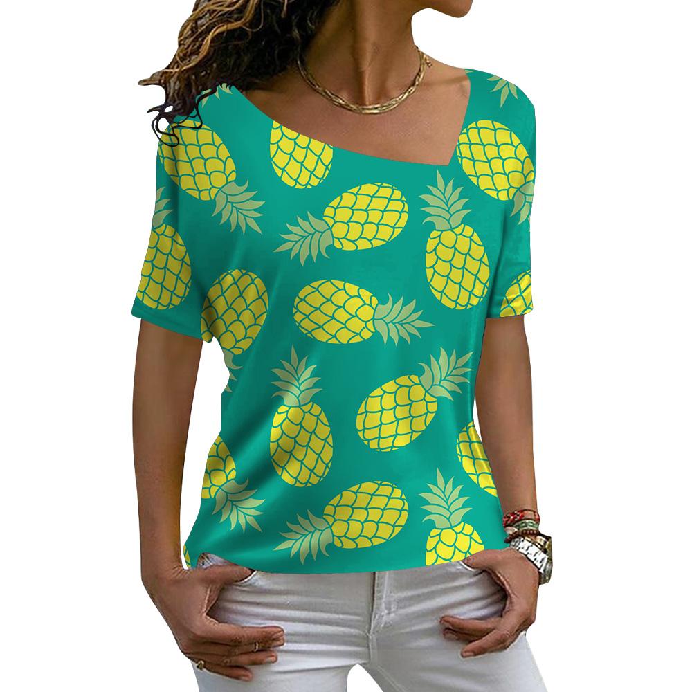 Ladies Fashion Casual Loose Pullovers Tee Shirts Summer 3d Pineapple Printed Women's Short Sleeves V-Neck Diagonal Collar Tops