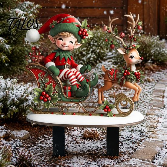 Festive Lawn Stakes Christmas Elf Garden Stake, Reindeer Sleigh Acrylic Yard Art Outdoor Decorations Waterproof Xmas Ornament for Holiday Flower