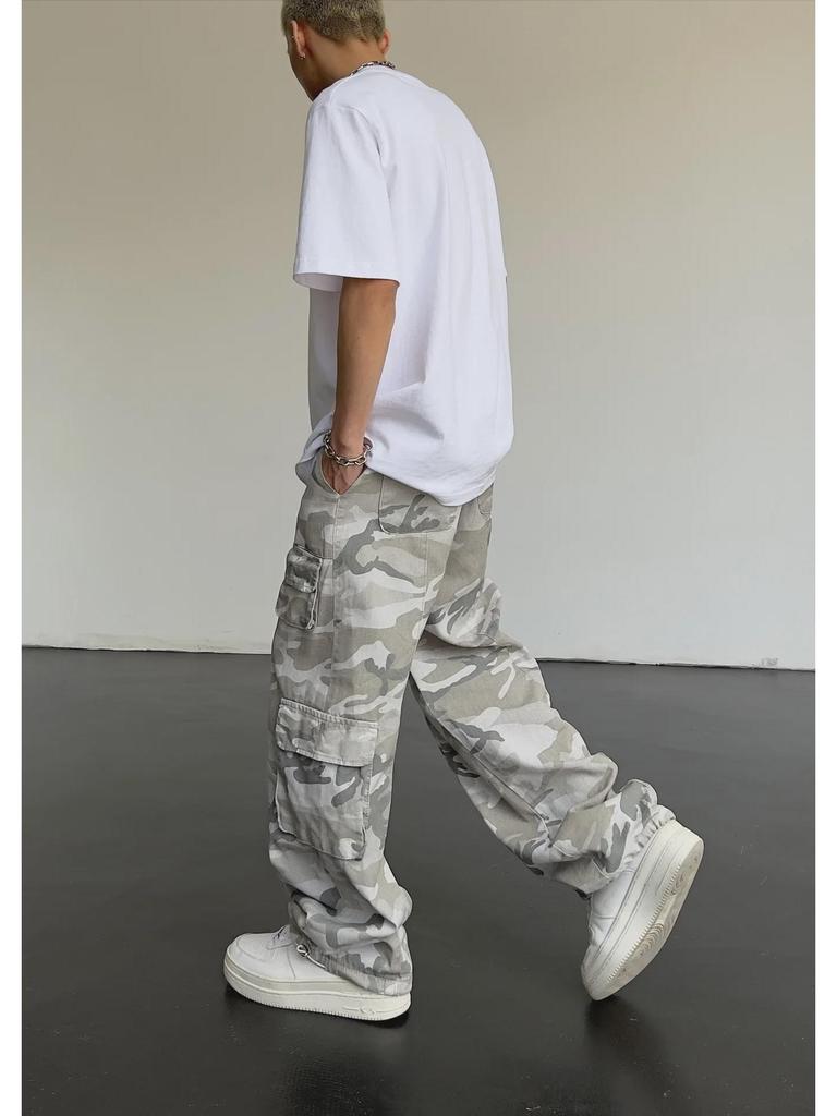 Pánské retro americké maskáčové seprané kalhoty volného střihu rovného střihu