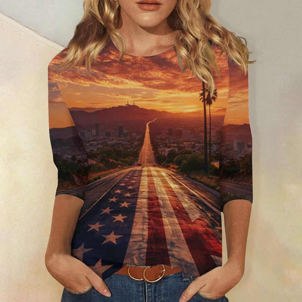 T-shirt Top Casual alla Moda da Donna con Stampa Bandiera Americana e Stelle per l'Indipendenza, Scollo, Manica a Tre Quarti