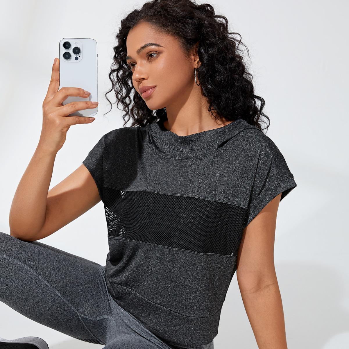 

Colorblock Mesh Back Hooded Yoga Jacket - Casual Loose-Fit Cardigan Medium темно-сірий