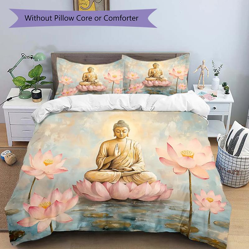 3pcs bedding set Buddha Lotus Includes 1 Comforter + 2 Pillowcases, Without Pillow Inserts, Soft Comfortable, Lightweight Breathable, Printe