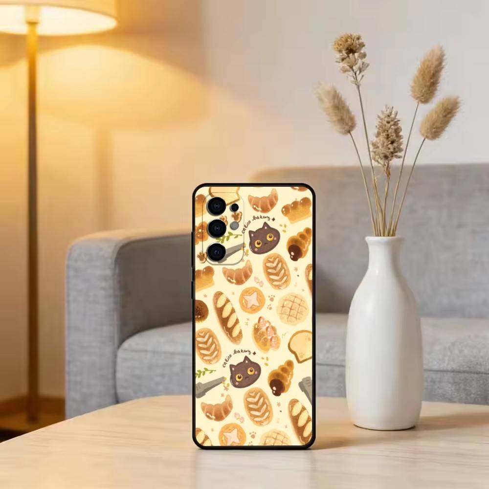 Cute Bread Illustration Phone Case Black Silicone Soft For Samsung S25,S24,S21,S22,S23,S30,Ultra,S20,Plus,Fe,Lite