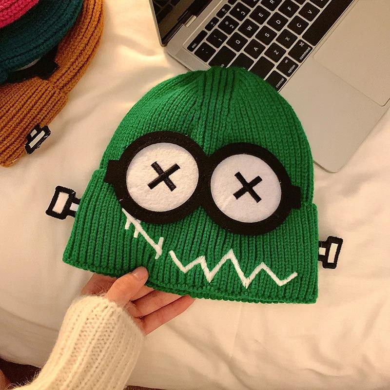 Cute Cartoon Candy Color Kpop Beanie Women'S Big Eyes Smile Skull Cap Winter Warm Knitted Streetwear Fashion Student Hat