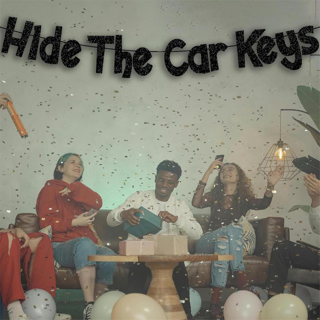 Hide The Car Keys Banner,Pre-Strung Glitter Black Happy 16th Birthday Banner,15th and 16th Funny Birthday Party Decorations for Boys Girls 16 Year