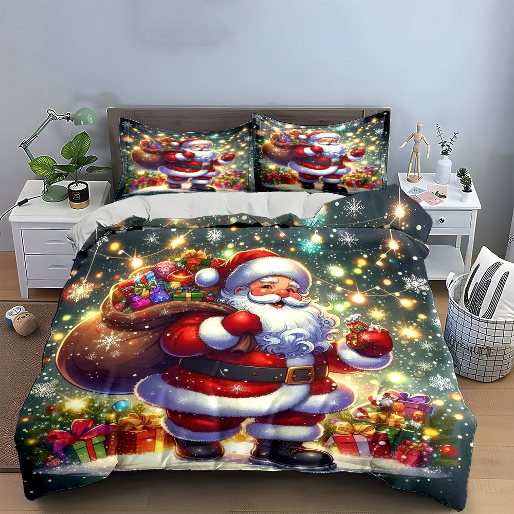 Santa with Gifts and Snow Bedding Duvet Cover Set (1*Duvet Cover 2*Pillowcases, Without Duvet Insert)