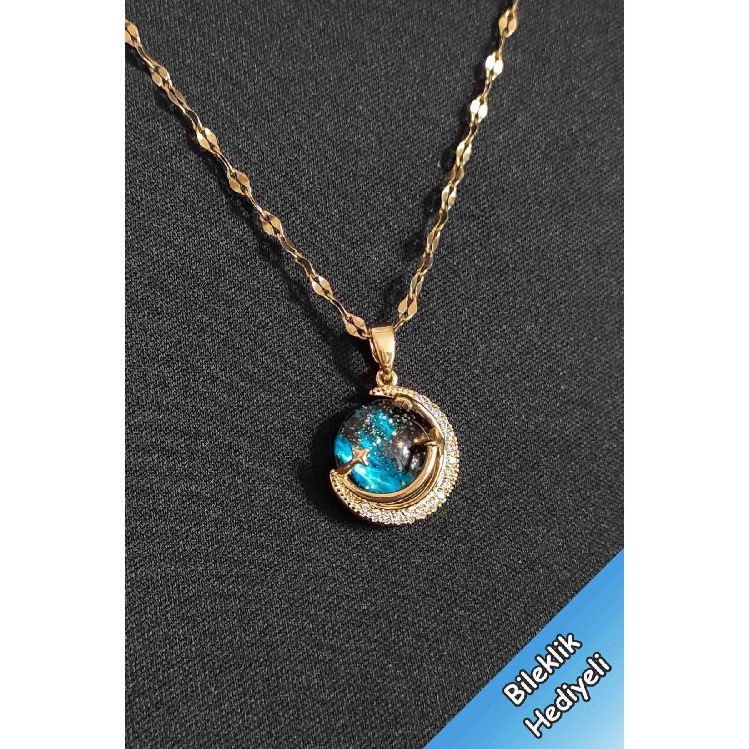 

Женское колье из нержавеющей стали с золотой цепочкой и звездным небом серебряный