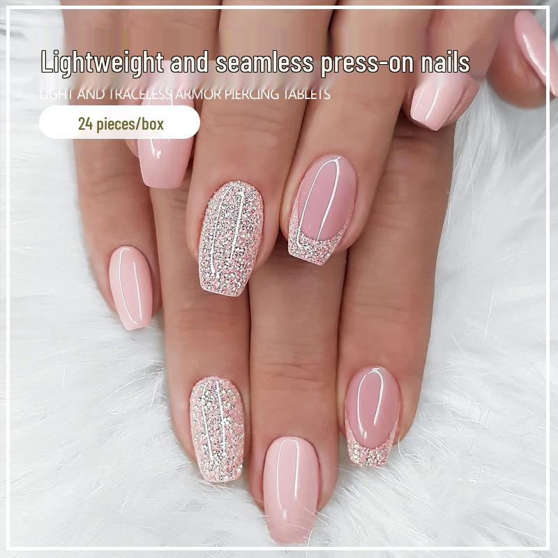 Short Pink Glitter Sweet False Nails with Jelly Glue