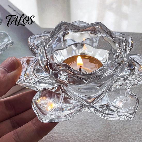 Talos Crystal Lotus Flower Tealight Candle Holders, Glass Tea Light Candlestick Decor with Deep Grooved Plate, Multifunctional Decoration for