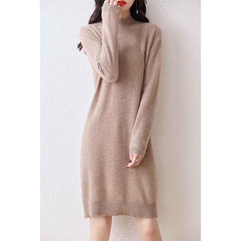 Women's 100% Wool Knit Dress - Autumn/Winter Semi-High Neck Casual Versatile Style