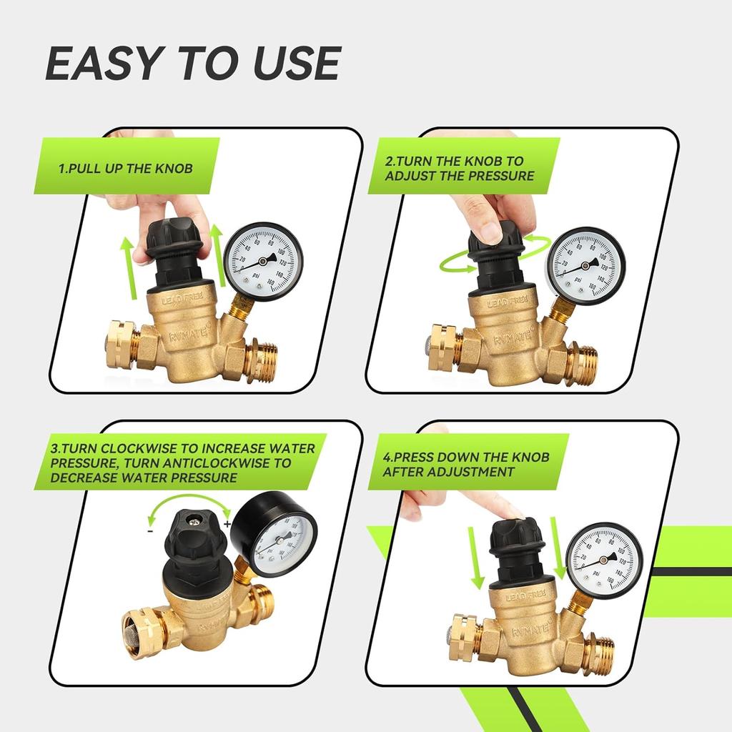 RVMATE RV Water Pressure Regulator With Adjustable Knob, Brass Lead-Free Water Pressure Reducer Kit, Adjustable Valve With Inlet Screen Filter, For